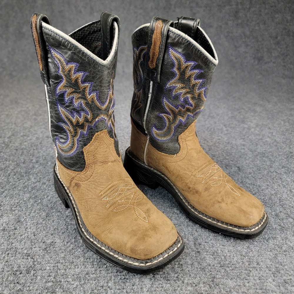 Old West 9.5 D‎ Kids Leather Cowboy Boots Square Toe Black Tan Purple WB1002